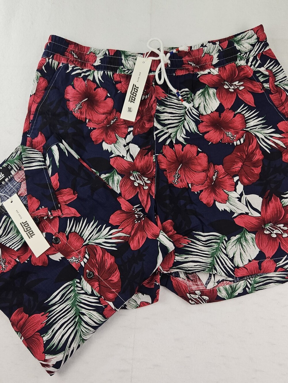 Jogal Men's Hawaiian Floral Shirt & Shorts 2 Piece Set Navy w/ Red Hibiscus XL